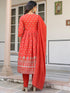 Red Pure Cotton Foil Printed Yoke Design A-line Kurta Pant With Dupatta Set